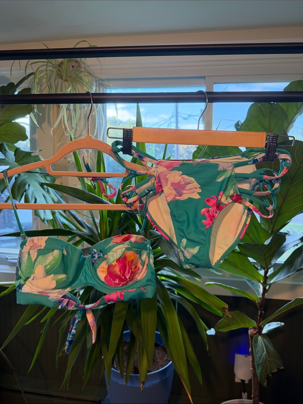 Teal Floral Bandeau Bikini Set with Side-Tie Bottoms